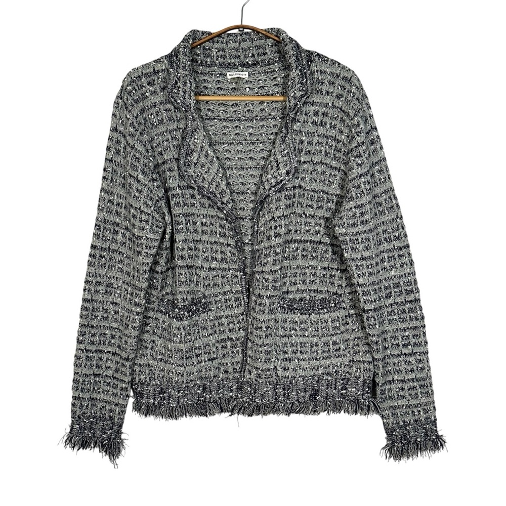 Sioni Women’s Cardigan Sweater Open Front Grey Tweed Frayed Size M